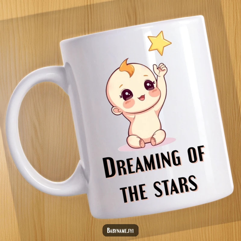 Funny Baby Character Mug showing a curious baby reaching for a twinkling star, symbolizing dreams and wonder.