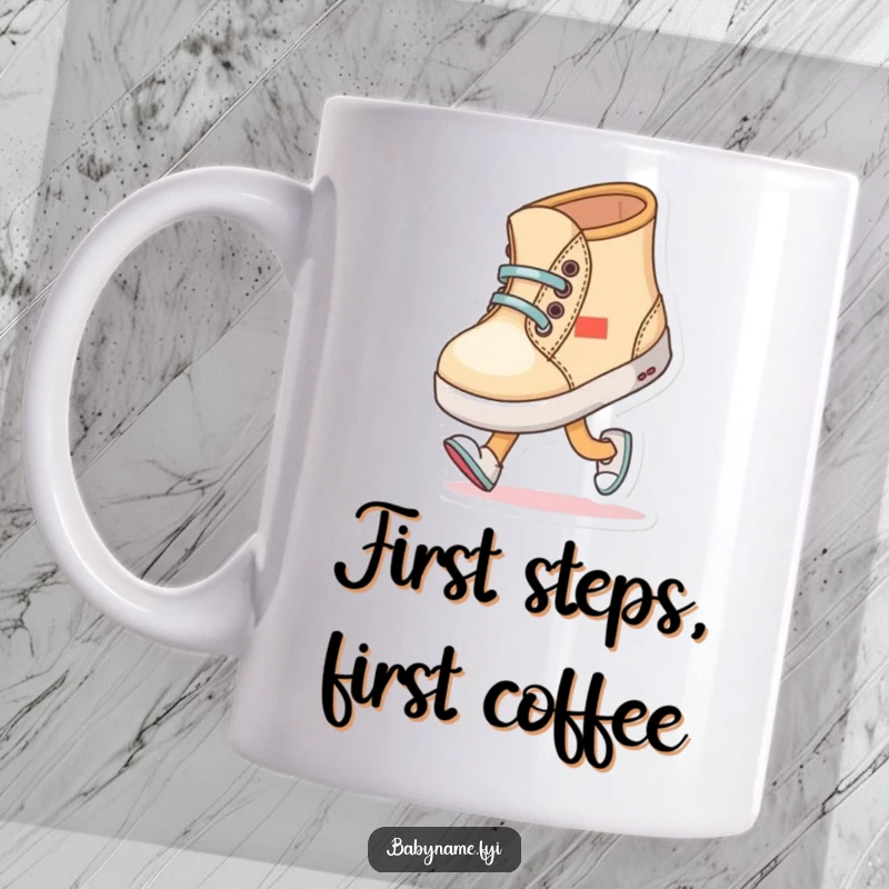 Funny baby shoe character comically trying to walk with wobbly steps, depicted on a humorous and relatable mug.