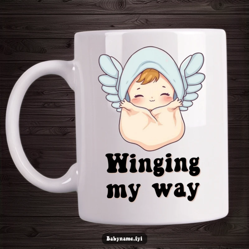 Funny baby blanket mug showing a cute blanket flapping its edges like wings, a humorous image of gentle, playful flight.