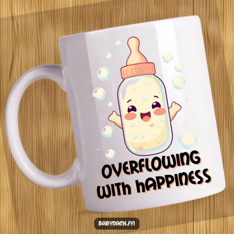 Funny baby bottle mug depicting a joyful bottle overflowing with bubbles, a humorous and delightful image of pure baby bliss.