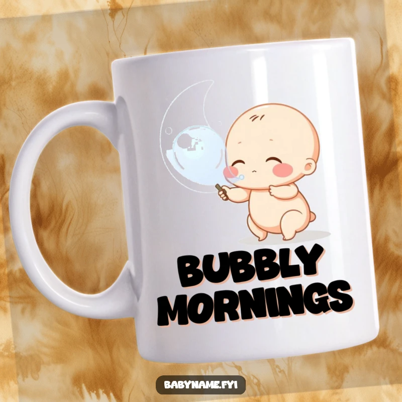 Funny baby bubble mug, a chubby, cute baby character gleefully blows a massive, iridescent bubble from a wand.