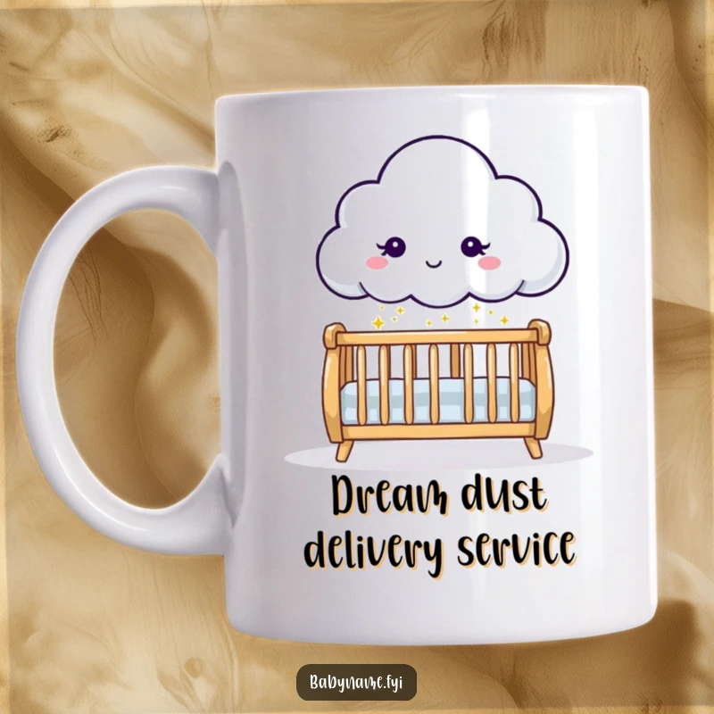Funny baby cloud character sprinkling gentle sparkles onto a crib, creating a magical and heartwarming scene on a mug.