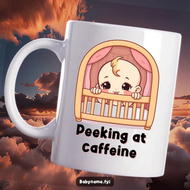 Funny mug featuring a mischievous baby character peeking playfully from inside a crib. Perfect gift.