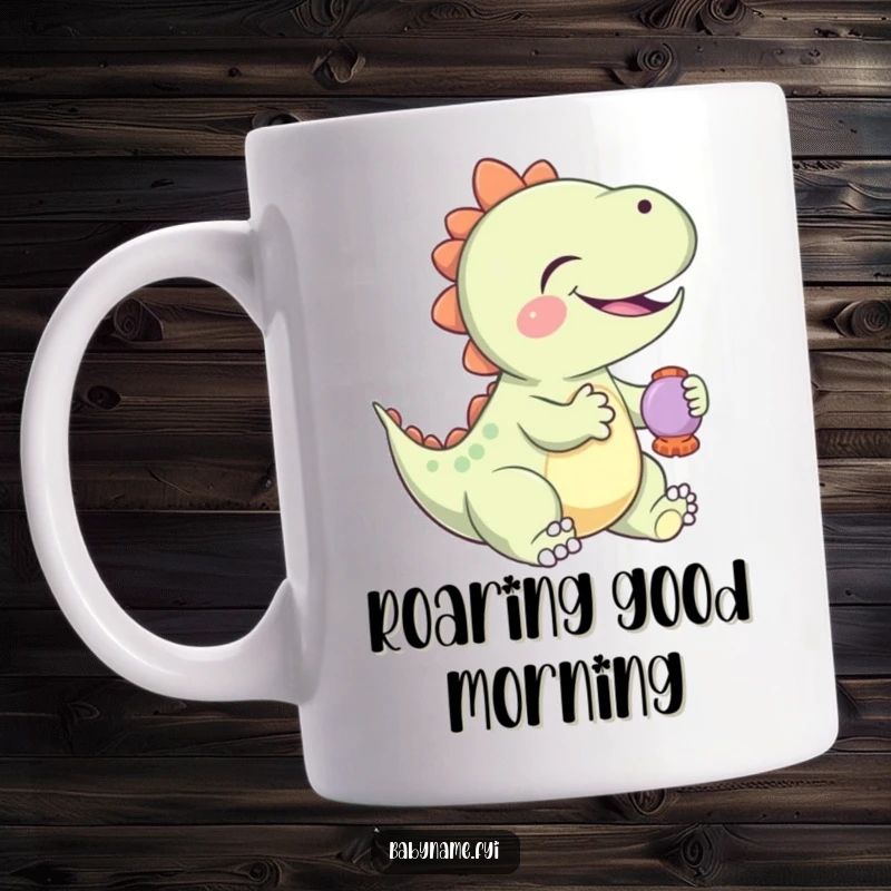 Funny Ceramic Mug featuring a giggling baby dinosaur gleefully playing with a rattle, radiating prehistoric joy and humor.