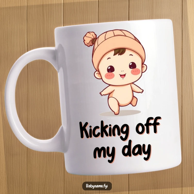 Funny mug featuring a playful baby character in a knitted cap, energetically kicking legs with joy. Perfect gift.