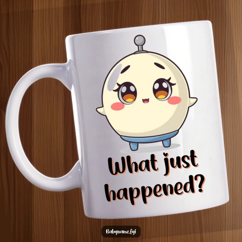 Funny baby mobile mug showing a mobile spinning with wide, surprised eyes, a humorous image of playful bewilderment.