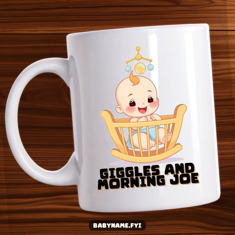 Funny mug depicting a smiling baby happily reaching for a colorful mobile above a crib, capturing pure joy.