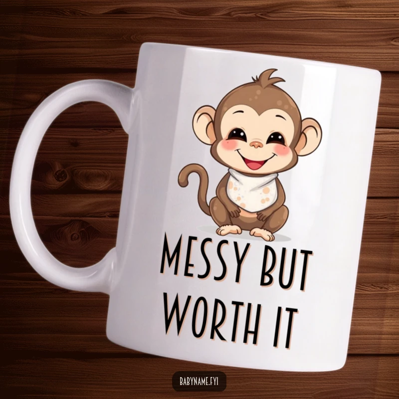 Funny smiling baby monkey wearing a bib, joyfully messy with food smudges, radiating playful innocence on this mug.