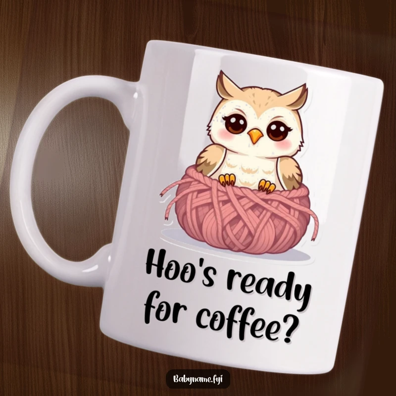 Funny baby owl mug with a sweet expression peeking from a soft, knitted nest, radiating warmth and joy.