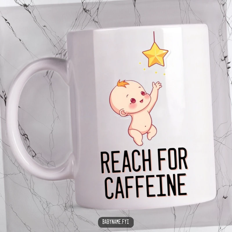 Funny baby reaching for a dangling, sparkling star, a whimsical and funny mug.