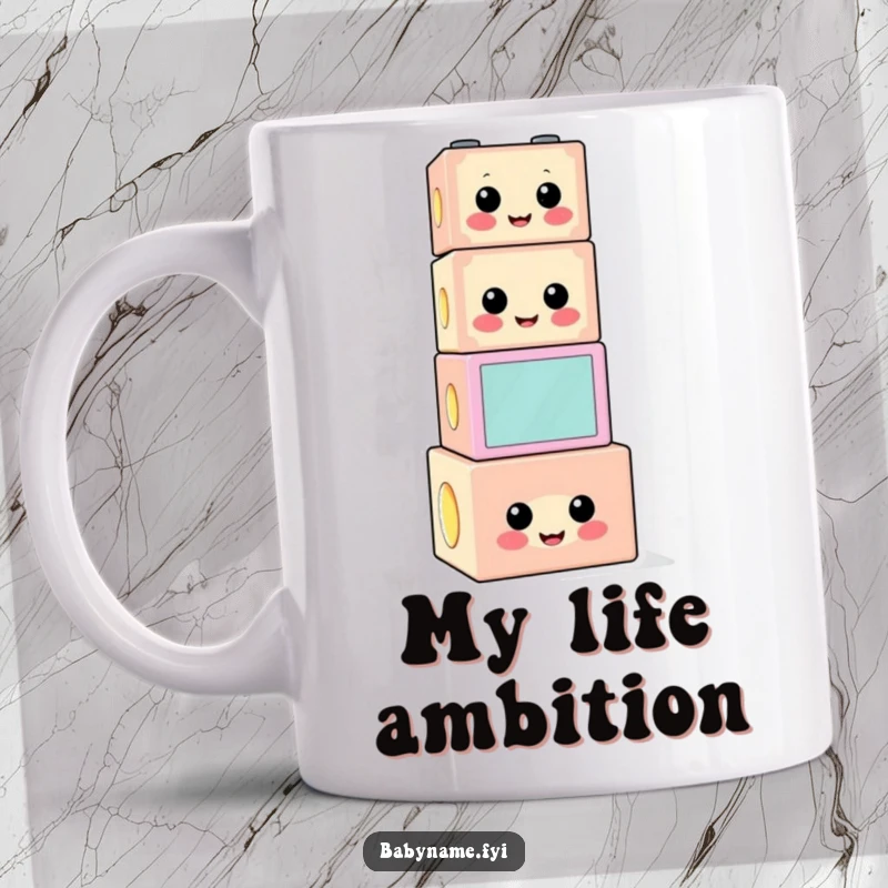 Funny building block mug featuring a cheerful, precariously stacked block character, ready to spill over with laughter.