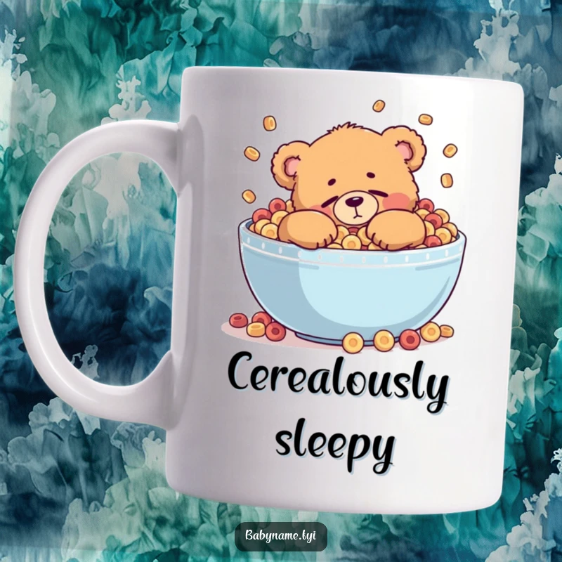 Funny mug with a chubby teddy bear character attempting to fall asleep inside a giant, overflowing bowl of cereal.