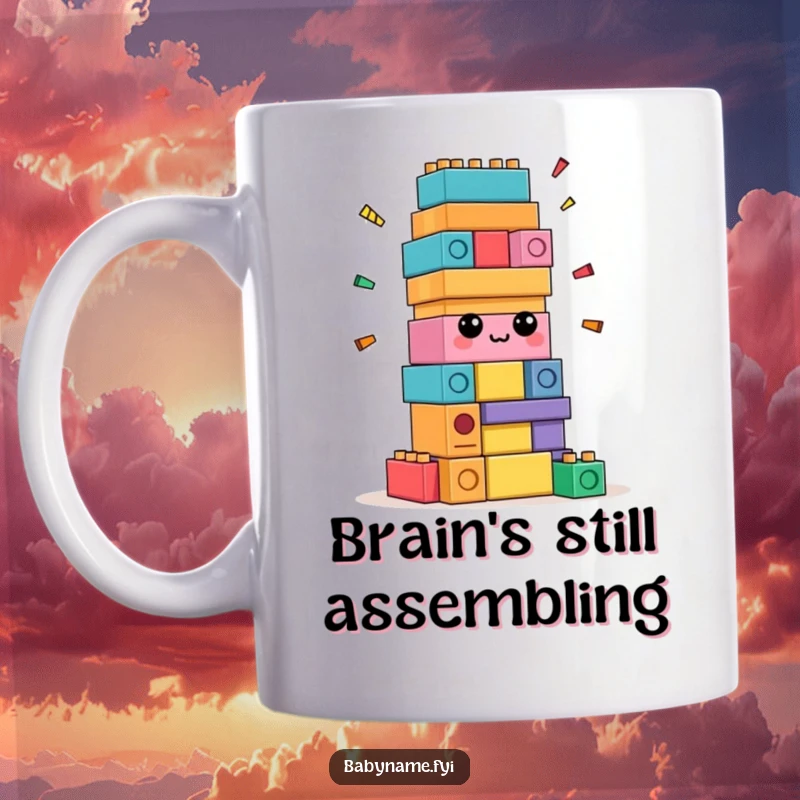 Funny confused building blocks mug, colorful stack attempting self-assembly, expressing playful bewilderment.