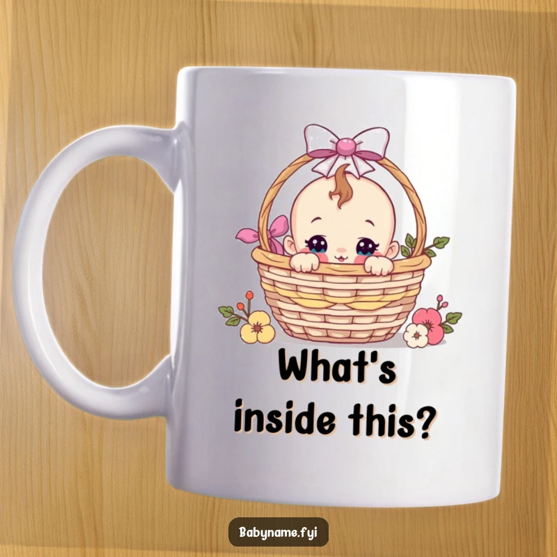 Funny baby character curiously peeking out of a decorated gift basket on a mug, radiating playful and humorous anticipation.