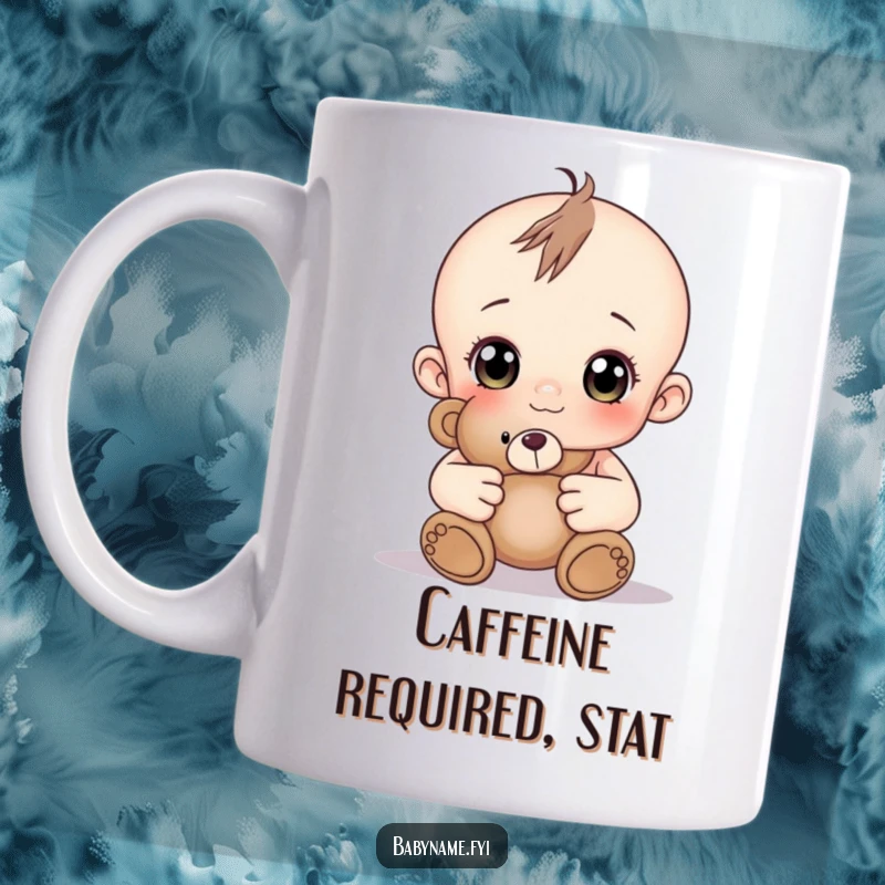Funny baby with big curious eyes holding a soft teddy bear, a heartwarming and funny mug.