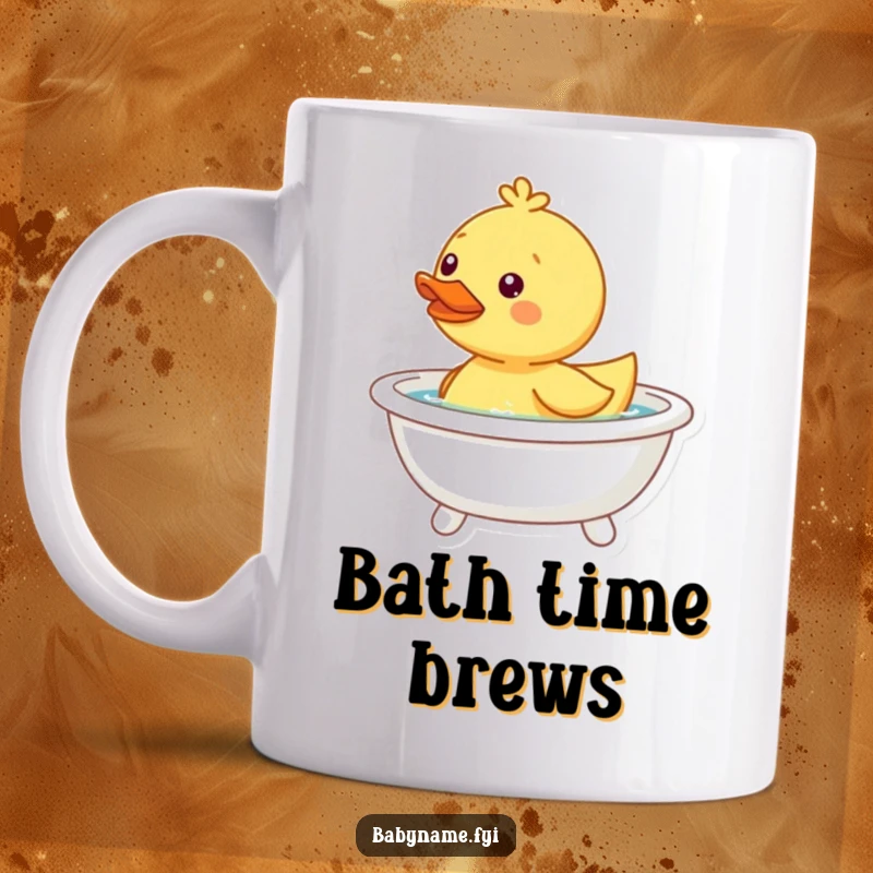 Funny happy duckling toy mug, bobbing in a tiny bathtub, evoking playful bath time memories.