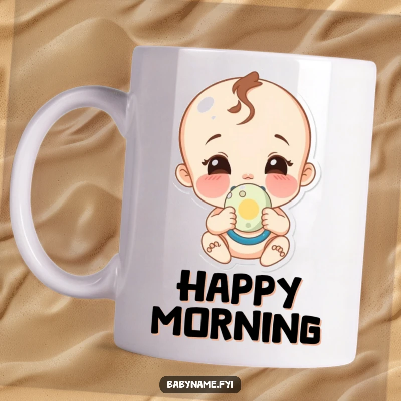 Funny giggling baby pacifier mug, a happy baby character holding a pacifier tightly, beaming with a wide, infectious smile.