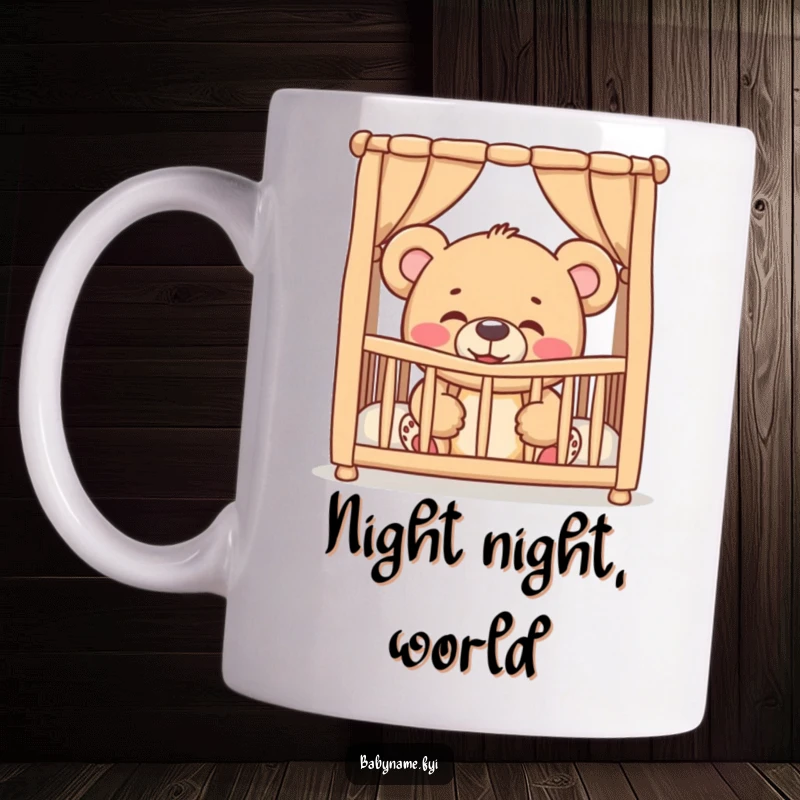 Funny giggling teddy bear peeking playfully from a crib, radiating pure, infectious baby humor on a ceramic mug.