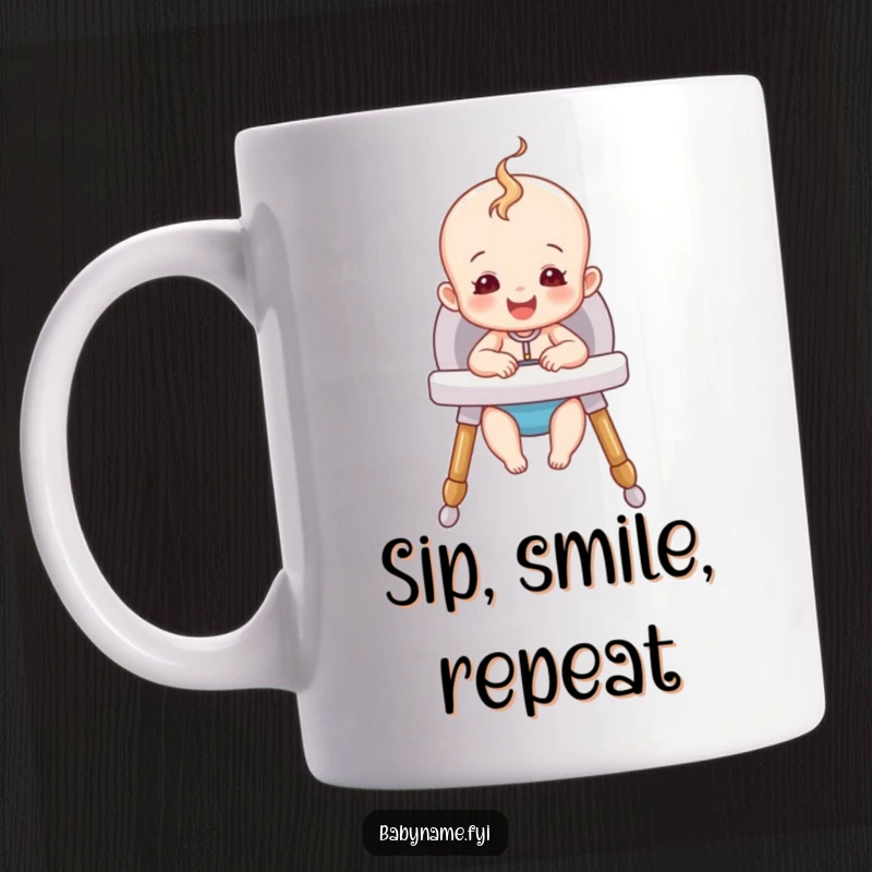 Funny Happy Baby Mug featuring a cute baby sitting happily in a cozy high chair, ready for a mealtime laugh.