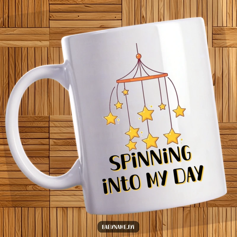 Funny curious mobile mug, with hanging stars spinning slowly, evoking wonder and gentle contemplation.
