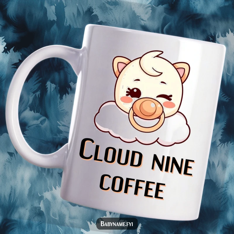 Funny Pacifier Cloud Mug: Cute cartoon pacifier character winking mischievously while floating peacefully on a soft cloud.