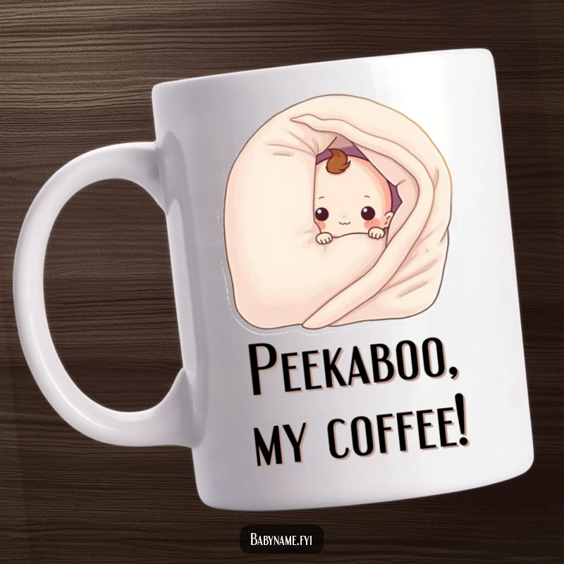 Funny baby blanket character playfully peeking from behind a large pillow, depicted on a mug. A cute and humorous design.