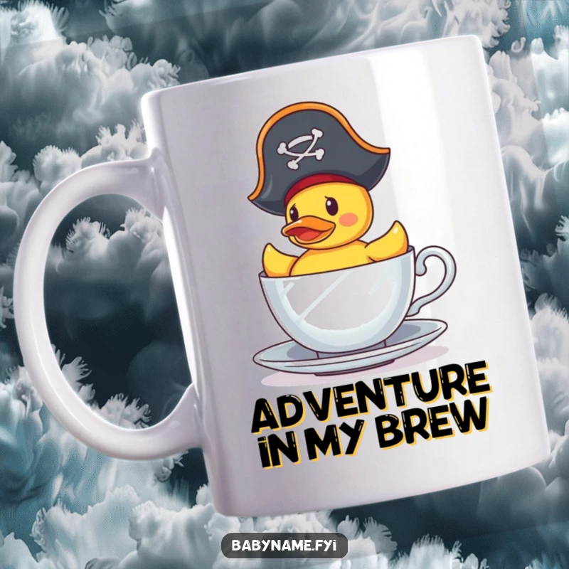 Funny Mug: A tiny rubber duck sporting a pirate hat bravely attempts to sail across a teacup, embarking on a whimsical sea adventure.
