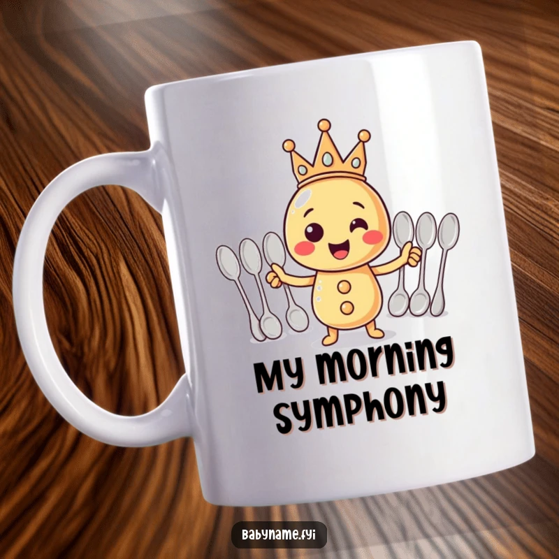 Funny Mug: A cheerful rattle with a crown conducts a spoon orchestra, radiating playful, musical energy.