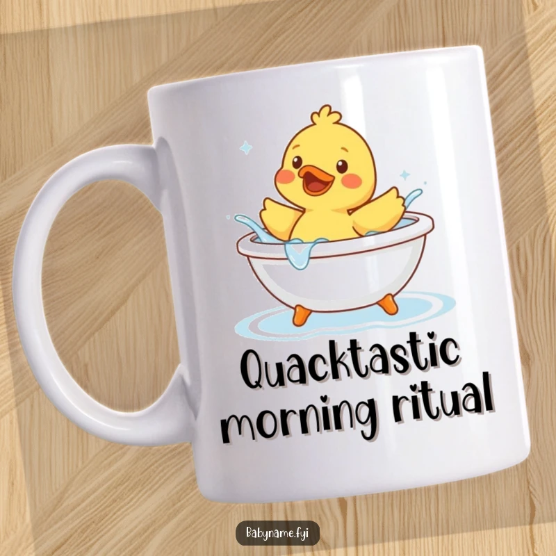 Funny rubber duck character joyfully splashing water in a tiny bathtub, depicted on a fun and humorous mug.