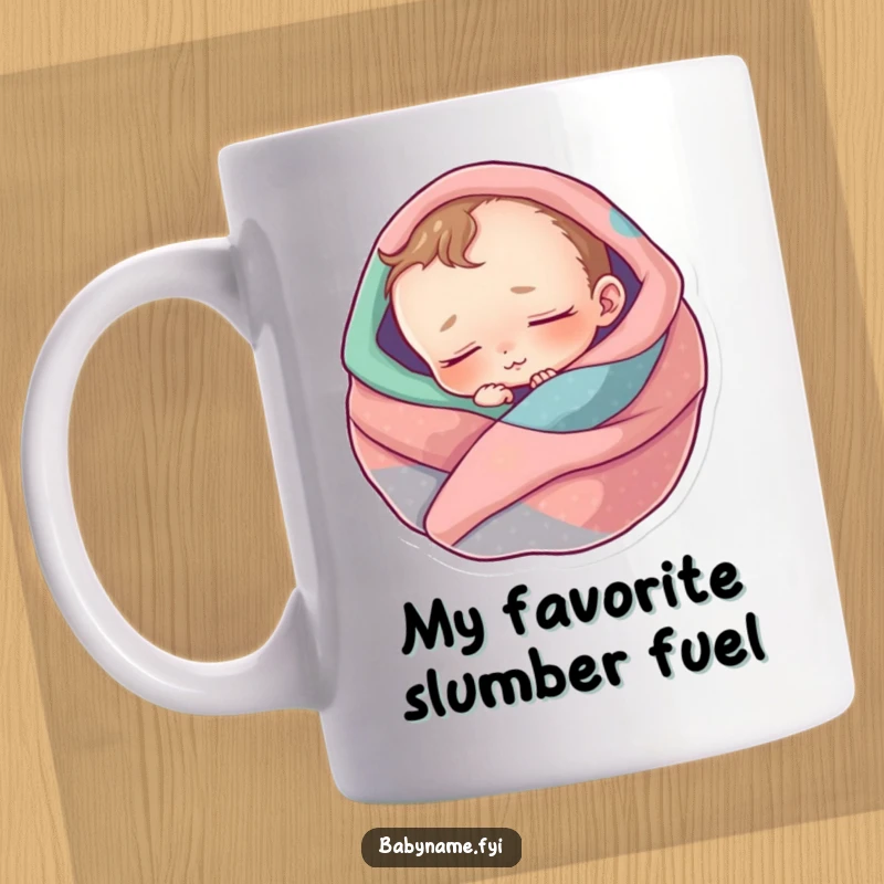 Funny sleeping baby mug showing a snuggly infant deeply asleep and dreaming peacefully in vibrant blankets.
