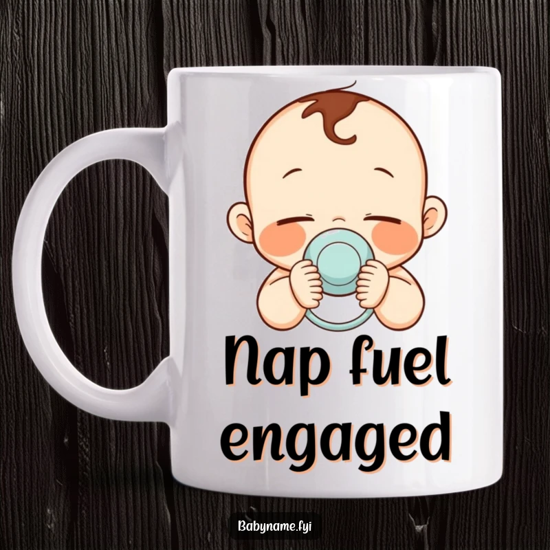 Funny mug depicting a sleepy baby with rosy cheeks, contentedly holding a pacifier, symbolizing peace and rest.
