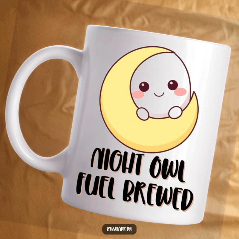 Funny smiling moon character peeking over a crescent moon shape, depicted on a whimsical and humorous coffee mug.