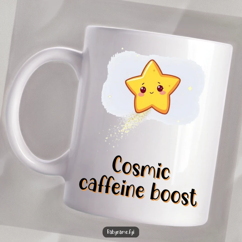 Funny star character leaving a sparkling trail of glitter across a dark sky, depicted on a whimsical and humorous mug.