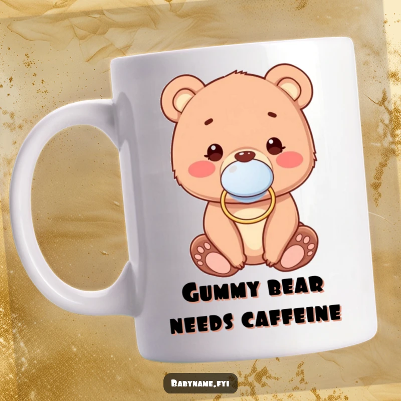 Funny Ceramic Mug featuring a super cute baby bear cub wearing a pacifier, looking innocent and comically content.
