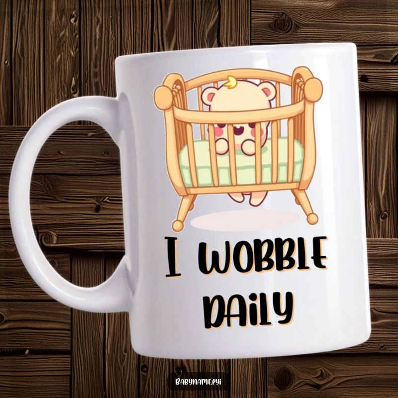 Funny mug depicting a playful crib railing with a comically wobbly leg, symbolizing the delightful chaos of a baby’s room.