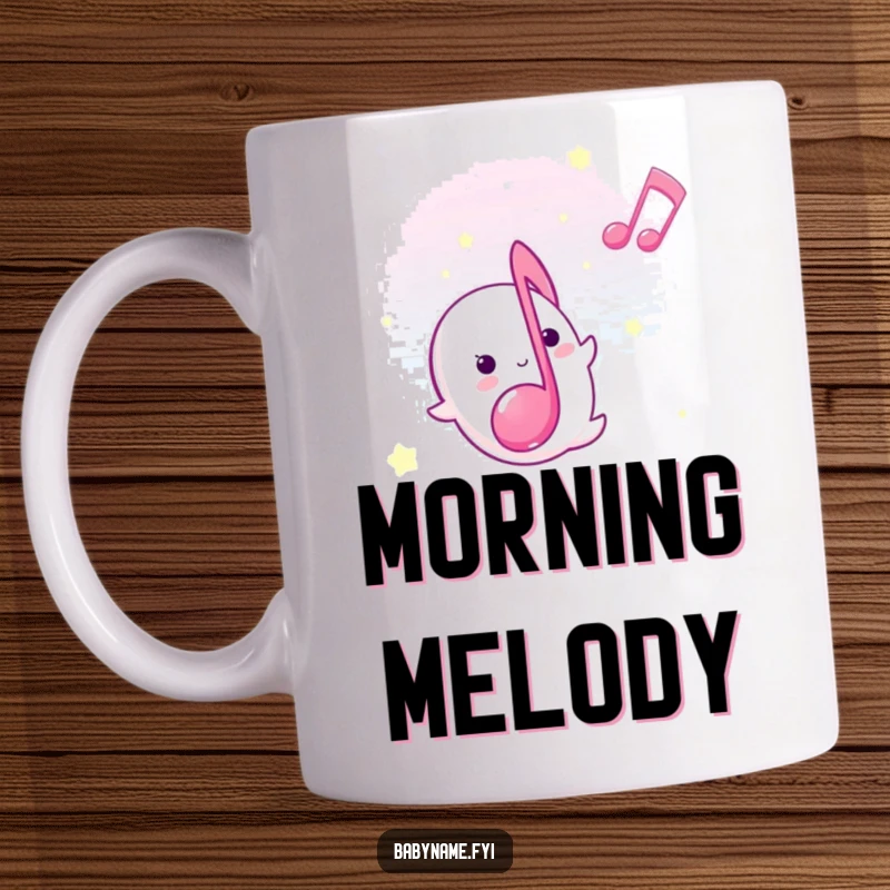 Funny lullaby musical note mug, depicted floating gently upward with a sweet, cheerful expression, symbolizing joy.