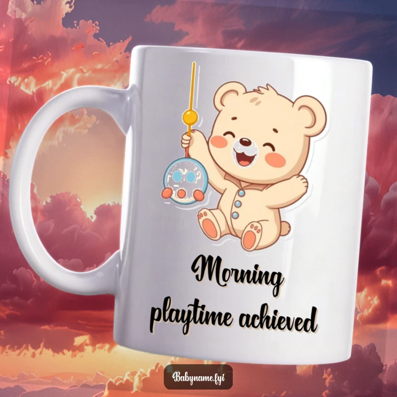 Funny baby bear cub in a onesie, reaching playfully for a dangling mobile, expressing innocent joy and sweetness on this mug.
