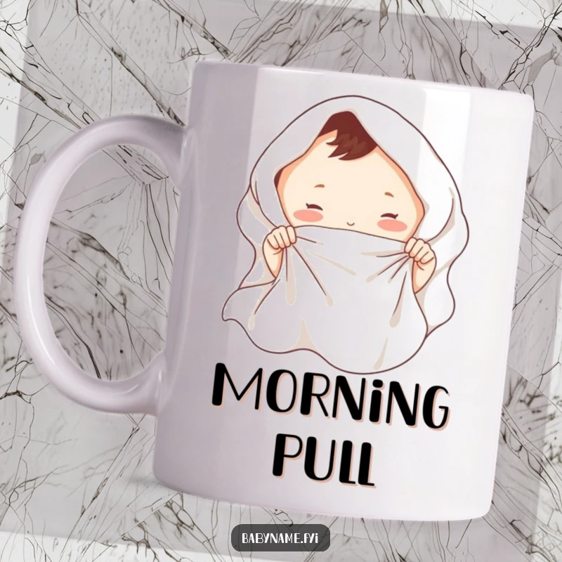 Funny baby blanket mug depicting tiny hands playfully tugging at a soft blanket, capturing parenting humor.