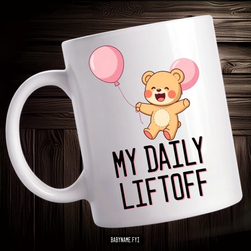 Funny Mug: A giggling teddy bear floats happily upwards, carried by a colorful balloon, radiating pure delight and a sense of carefree adventure.