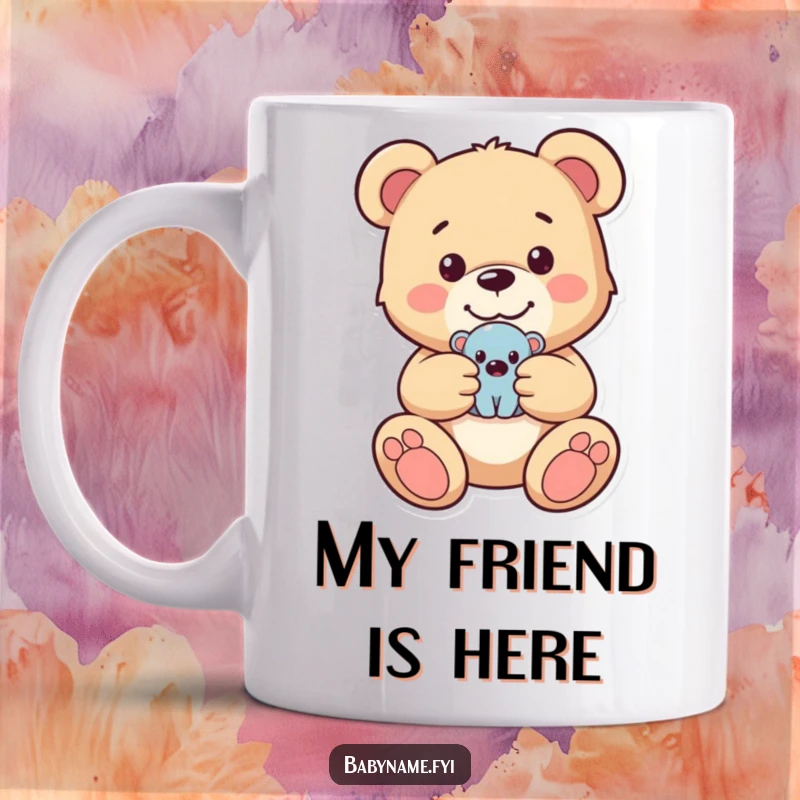 Funny mug with a happy teddy bear tenderly holding a small toy, evoking feelings of comfort, innocence, and playful joy.