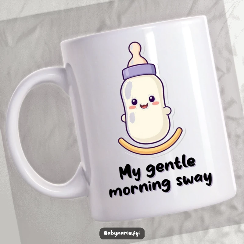 Funny baby bottle mug with a smiling face, gently rocking back and forth, representing comfort, care, and new beginnings.