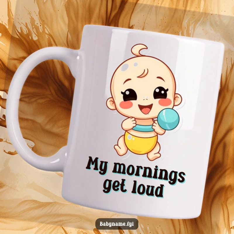 Funny baby rattle mug depicting a smiling rattle shaking itself energetically, a comical image of pure, unadulterated baby joy.