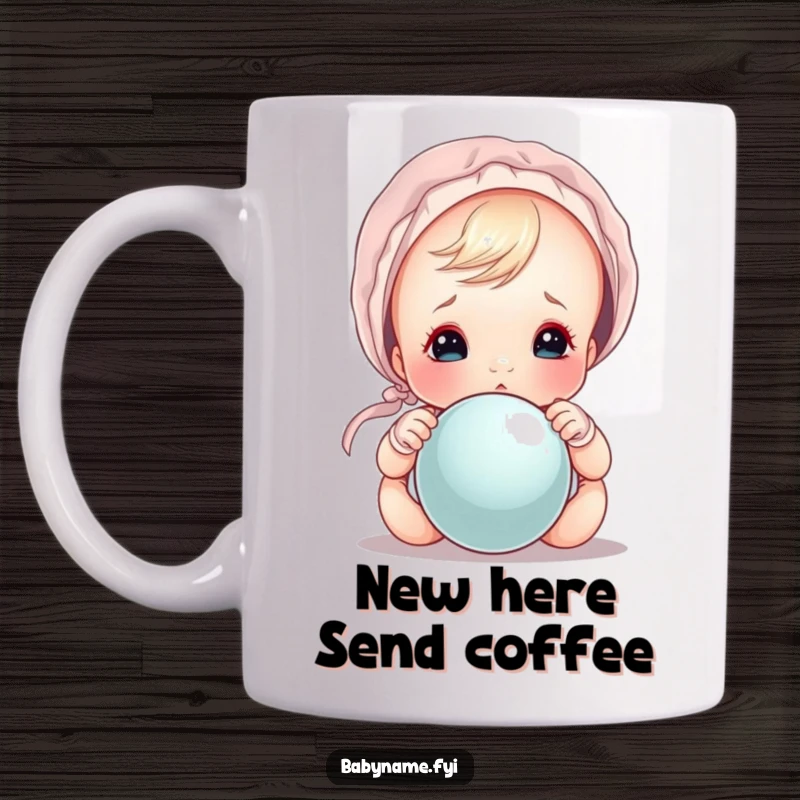 Funny baby in bonnet peeking over rattle, a cute and funny mug design for ultimate laughter and joy.