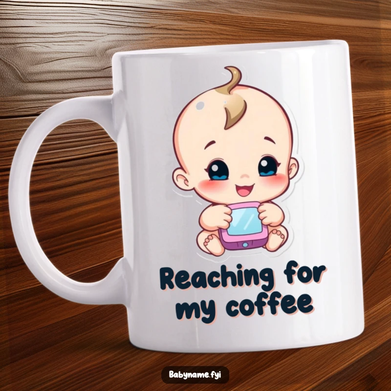 Funny curious baby mug with a smiling infant character stretching out their hand towards a colorful, dangling mobile.