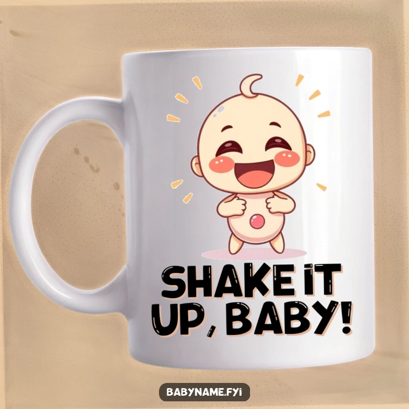 Funny baby rattle character shaking itself with extreme delight and energy, depicted on a mug. A humorous gift.
