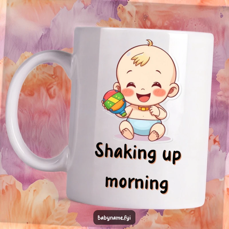 Funny mug featuring a happy baby character holding and shaking a colorful rattle with delight. Perfect gift.