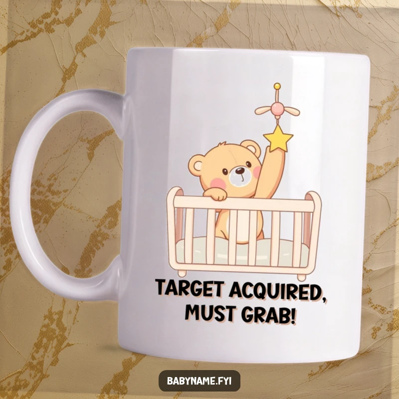 Funny teddy bear in a crib reaching excitedly for a colorful mobile, showcasing baby's playful wonder. A cute and humorous gift.