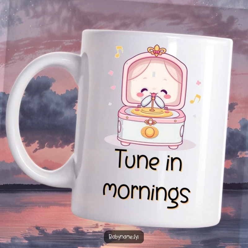 Funny mug depicting a cheerful lullaby music box playing its tune merrily, evoking feelings of joy, peace, and sweet nostalgia.