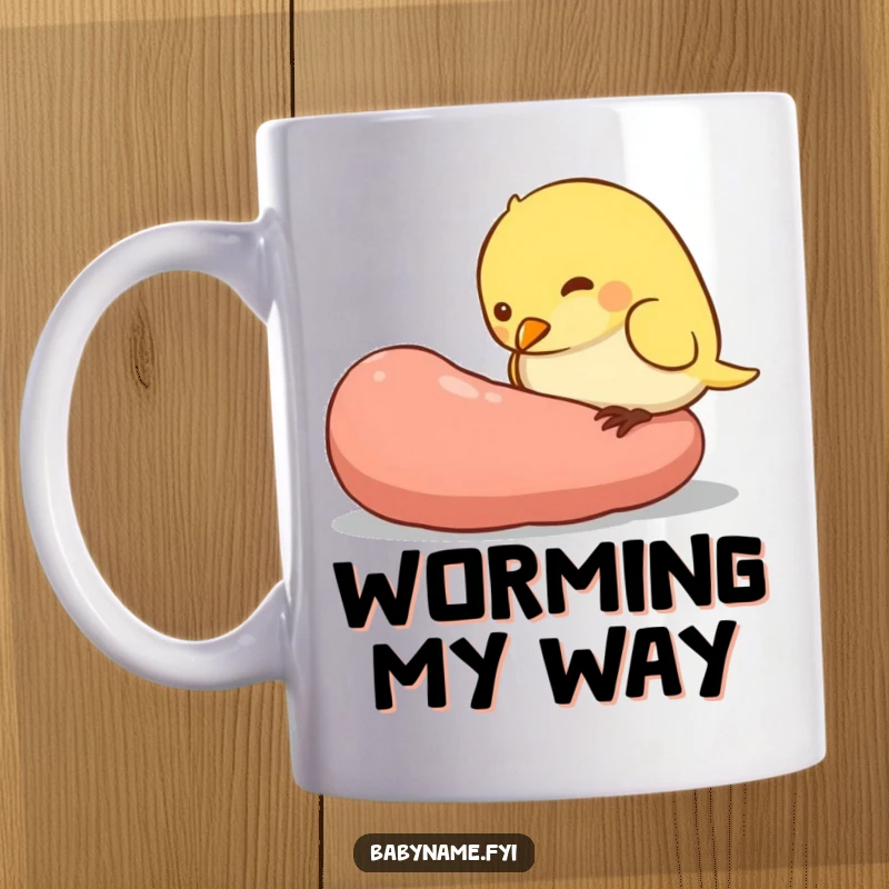 Funny mug showing a small, plump baby bird character with determination pecking at a ridiculously oversized worm, capturing a moment of hunger.