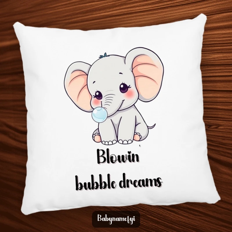 Funny kawaii baby elephant with enormous ears, blowing a tiny bubble, radiating gentle humor and cuteness on this soft pillow.